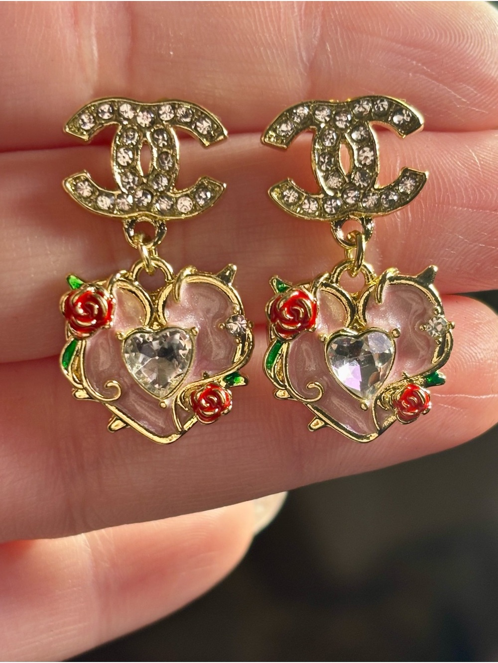New !! Gold Crystal Heart Drop Earrings with Pink Enamel & Red Rose Accents